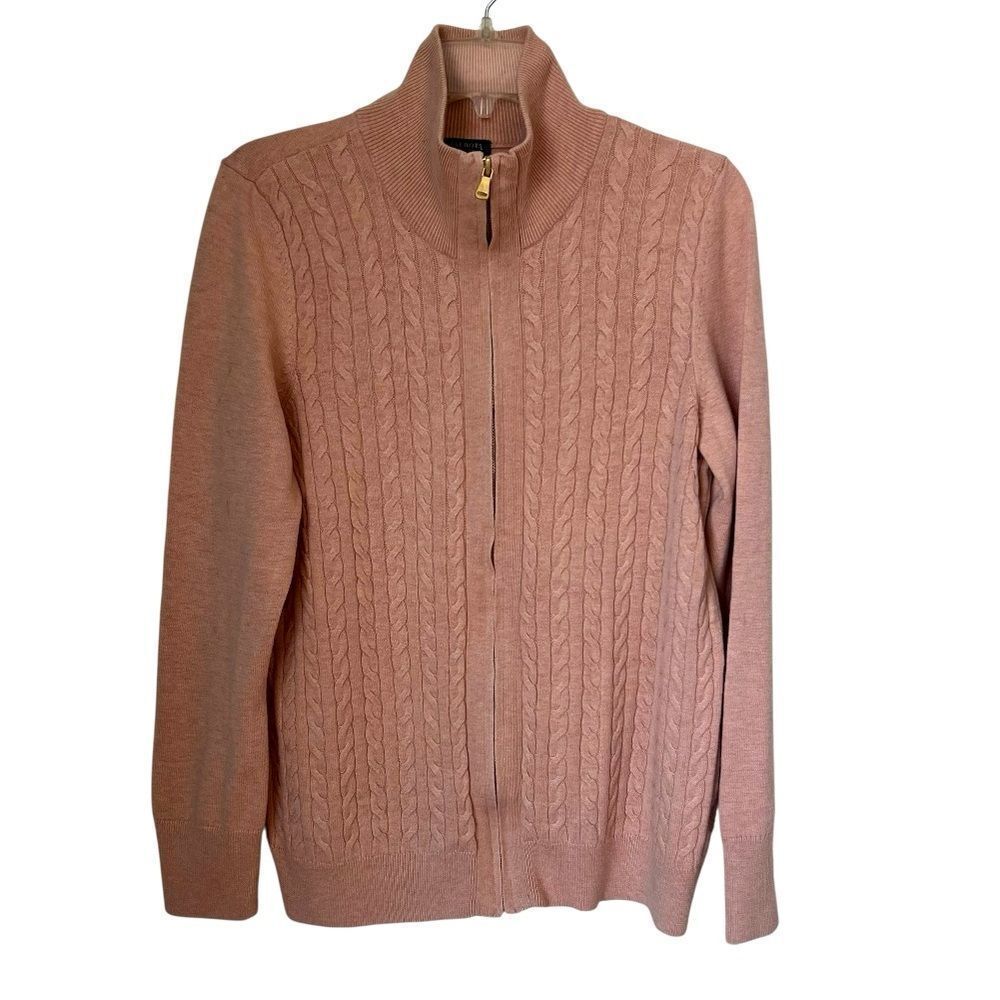 Talbots Light Pink Cable Knit Zip-Up Cotton Wool Blend Sweater Cardigan sz XL